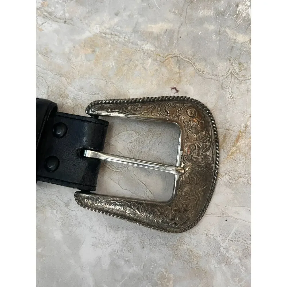 Vintage Larry Mahan Black Genuine Tooled Leather Rodeo Belt Size 36